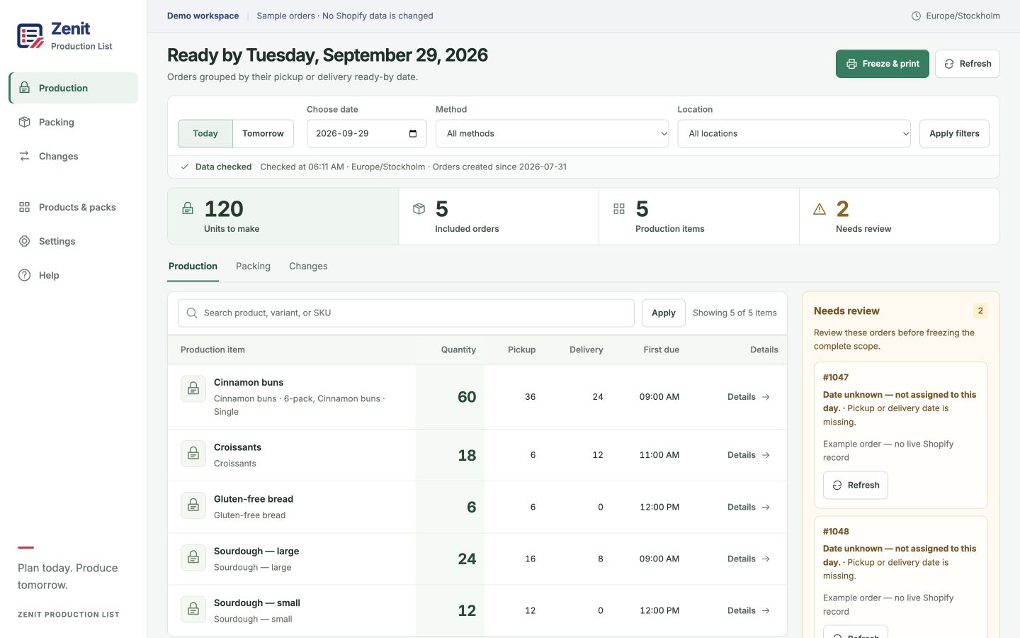 Production List demo workspace with sample orders